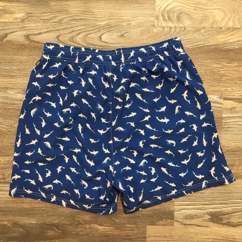 SHEIN Blue and White Shark Print Swim Trunks Built In Boxer Brief Medium